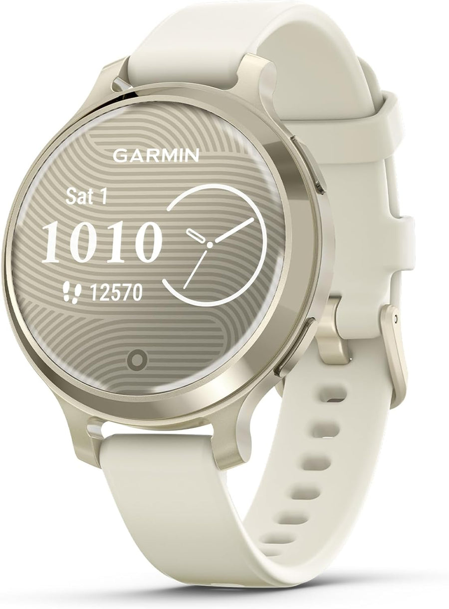 Garmin Lily 2 Active, 38mm GPS smartwatch, stylish smaller watch, fitness tracker with hidden display, sports apps, patterned lens, bright touchscreen display, up to 9 days battery life, Cream Gold