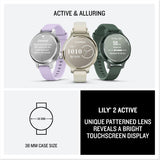 Garmin Lily 2 Active, 38mm GPS smartwatch, stylish smaller watch, fitness tracker with hidden display, sports apps, patterned lens, bright touchscreen display, up to 9 days battery life, Cream Gold